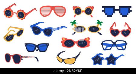 Partybrille. Lustige Sonnenbrille Hippy groovy psychedelischer Retro-Style, Cartoon geometrische Mode Brillen Ikonen verschiedene Rahmen und Formen. Vektor Stock Vektor