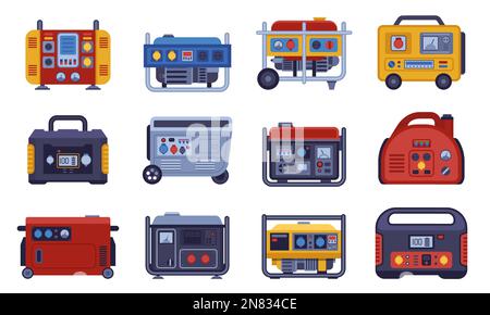 Benzingenerator. Cartoon mobiler Haus-Diesel-Generator, tragbare Maschine, die elektrischen Strom erzeugt, stationäre Benzinmotoren. Vektorsatz Stock Vektor