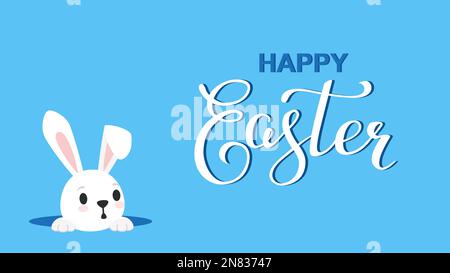 Horizontale Karte mit Kalligrafietext Happy Easter und niedlicher Hase schaut aus dem Loch Stock Vektor