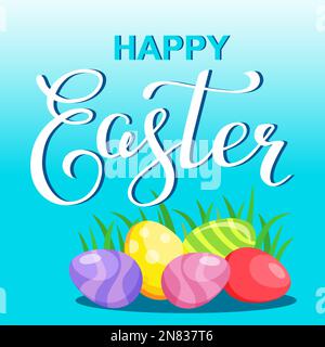 Karte mit leuchtenden ostereiern unter Gras und Kalligraphie SMS Happy Easter Stock Vektor