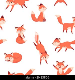 Cartoon-Fuchsmuster. Nahtloser Druck mit niedlichen Waldtieren in verschiedenen Posen zum Einpacken, Tapeten, Stoff und endlosen Hintergrund. Vektor Stock Vektor