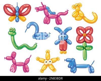 Ballontiere. Cartoon Helium Gummi Hund Schmetterling Pferdeaffenschlange, niedliche Blase Dekoration für Kinder Geburtstagsfeier. Vektor isoliert Stock Vektor