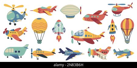 Süße Luftfahrt. Doodle farbenfroher Lufttransport, lustiger Hubschrauber, Heißluftballon-Rakete, Kinderspielzeug, Flugzeug-Cartoon-Stil. Vektor Stock Vektor