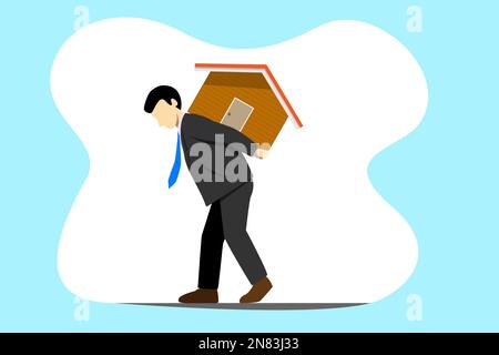 Ein Mann trägt ein Haus, während er geht, größere Verantwortung, Vektordarstellung, der Mann unterstützt ein Konzept der Hausverantwortung. Ein Geschäftsmann trägt ein Haus auf sich Stock Vektor