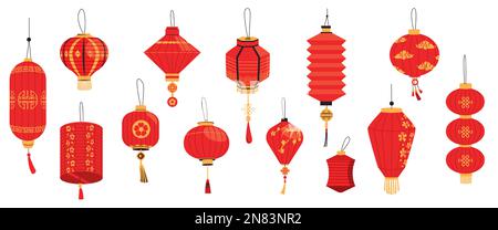 Asiatische Laterne. Japanisch-koreanische Festivalbeleuchtung, orientalische Papierlampen für traditionelle chinatown Feiertagsfeiern, flacher Cartoon. Vektor Stock Vektor