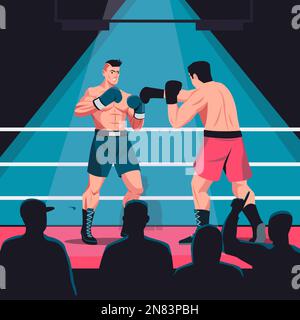 Kämpfe auf dem Boxring. Cartoon muskuläre Boxer Boxen und Ringen in der Sparringarena, starker Schwergewichtler schlägt Gegner in Handschuhen. Vektor Stock Vektor