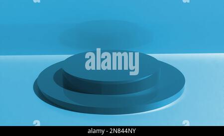 Blaues rundes Podium. Abstract 3D Concept beleuchteter Sockel mit Hintergrund. 3D-Renderstudio mit Podium. Stockfoto