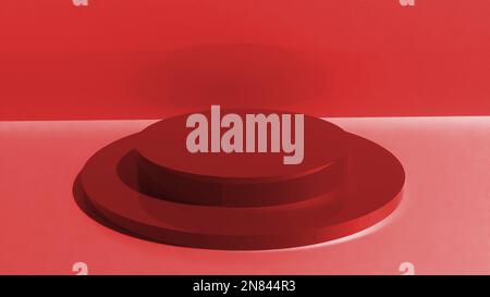 Rotes rundes Podium. Abstract 3D Concept beleuchteter Sockel mit Hintergrund. 3D-Renderstudio mit Podium. Stockfoto