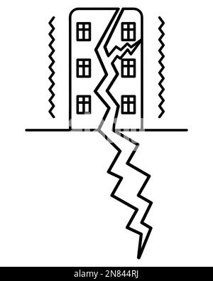 Das Haus vibriert. Das Beben spaltete das Gebäude. Die Fassade ist mit Rissen bedeckt. Skizzieren. Vektordarstellung. Erdbeben. Stock Vektor