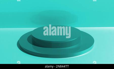 Türkisfarbenes rundes Sockelpodium. Abstract 3D Concept beleuchteter Sockel mit Hintergrund. 3D-Renderstudio mit Podium. Stockfoto