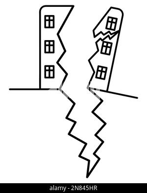 Der Wolkenkratzer ist in mehrere Teile unterteilt. Ein Teil des Hauses brach zusammen und fiel. Skizzieren. Es gab Risse entlang der Fassade aufgrund des Erdbebens Stock Vektor