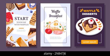 Waffelfrühstück-Flyer. Cafe Bäckerei Werbung mit leckeren belgischen Waffeln Snack Cartoon Stil, Promo Gebäck Poster für Morgenmenü Design. Vektor Stock Vektor