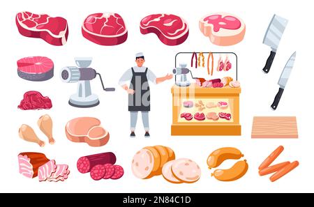 Cartoon-Metzger mit Fleisch. Männerfigur mit Messer in Koch-Uniform mit frischen Produkten, Würstchen, Rindfleisch-Schweinesteaks, Lebensmittelgeschäft-Konzept. Vektor Stock Vektor