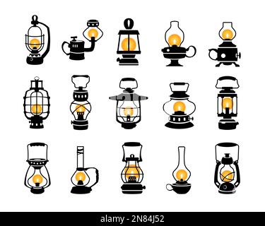 Laternen-Silhouette. Gaslampen mit schwarzem Petroleumbenzin im Vintage-Stil, einfarbige Nachtlichter im Retro-Stil mit flachem Halter. Vektorsammlung Stock Vektor