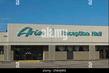 Houston, Texas, USA 02-10-2023: Außenansicht des ARIA 1 Reception Hall-Gebäudes in Houston, TX. Veranstaltungsort für Hochzeiten und andere Veranstaltungen. Stockfoto