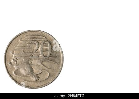 Nahaufnahme der alten Vorderseite der australischen 20-Cent-Münze aus dem Jahr 1980. Numismatisches Konzept. Stockfoto