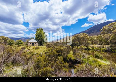 Die Wander- und Radwege entlang des Thredbo River in der Nähe von Bullocks Hut am Lake Crackenback, New South Wales, Australien Stockfoto