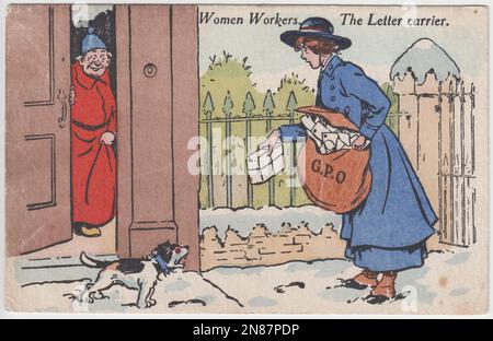 Weibliche Arbeiter. The Letter Cartoon“: Cartoon, in dem eine Postangestellte aus dem Ersten Weltkrieg mit einer Posttasche voller Post und einem Paket mit einer Schnur gezeigt wird. Ein kleiner Hund mit roten Augen bellt sie an, während ein Mann in einem roten Nachthemd und einem blauen Schlummertrunk die Szene von einer offenen Tür aus lächelt. Es liegt Schnee auf dem Boden Stockfoto