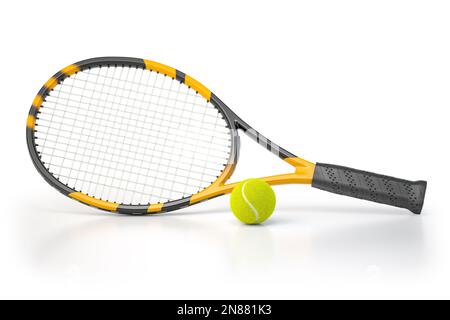 Tennisschläger und Tennisball isoliert auf weißem Hintergrund. 3D Abbildung Stockfoto