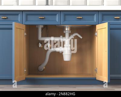 Absaugen und Rohre unter dem Waschbecken in der Küche. 3D Abbildung Stockfoto