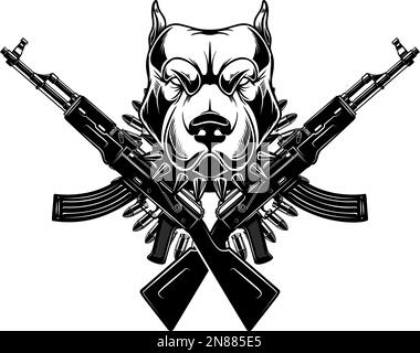 Wütender Hundekopf mit gekreuzten Sturmgewehren. Designelement für Poster, Emblem, Schild. Vektordarstellung Stock Vektor