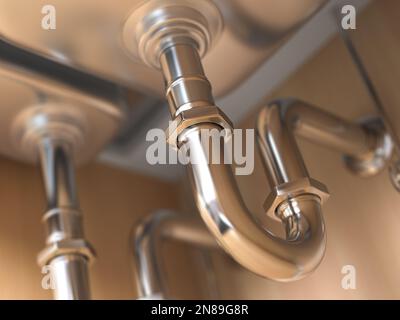 Metallrohre unter dem Waschbecken in der Küche. 3D Abbildung Stockfoto