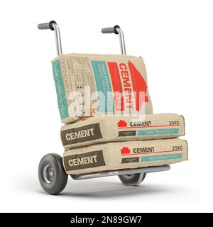Zementsäcke auf Handwagen isoliert auf weiß. Kauf und Lieferung von Baumaterialien. 3D Abbildung Stockfoto