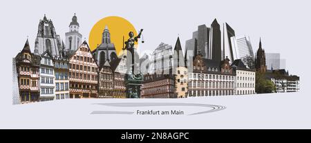 Wahrzeichen Collage der Stadt Frankfurt am Main, Deutschland - zeitgenössische kreative moderne Kunst Collage oder Design - Reisekonzept im Retro-Stil Stockfoto