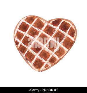 Aquarelle knusprige, herzförmige Waffel. Handgezeichnete Aquarelle mit leckeren Waffeln, Designelement für Menü, Grußkarte, Aufdruck, Aufkleber, Pos. Stockfoto