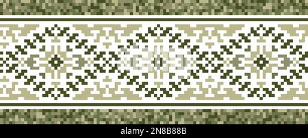 Militärisches Design, digitales Muster. Einrichtung in ukrainischer Volksethnik. Einrichtung im urbanen Stil mit Pixelkunstvektoren. Modischer militärischer Aufdruck in grünen Farben Stock Vektor