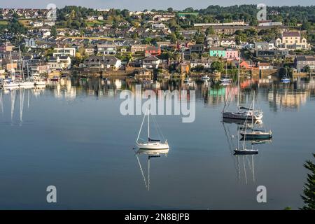 Panoramablick auf die morgendliche Stadt Kinsale auf dem Bandon mit verankerten und verankerten Segelbooten. Irland. Stockfoto