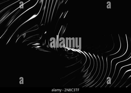 3D-Darstellung, schwarze Gradientenwellen von Linien und Interlacing. Abstrakter Hintergrund. Stockfoto