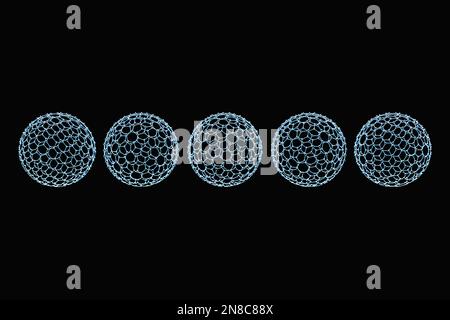 Abstract 3D Kugeln aus Neonpunkten und -Streifen. Globale Netzwerkverbindung. Abstraktes Globusraster. Weltweites Kommunikationskonzept. Stockfoto