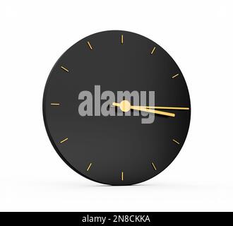 Eine 3D-Darstellung eines goldenen Uhrensymbols, isoliert auf einer runden schwarzen Tafel Stockfoto