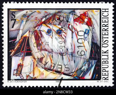 ÖSTERREICH - CA. 1997: Ein in Österreich gedruckter Stempel zeigt House in Wind, Gemälde von Helmut Schickhofer, ca. 1997 Stockfoto