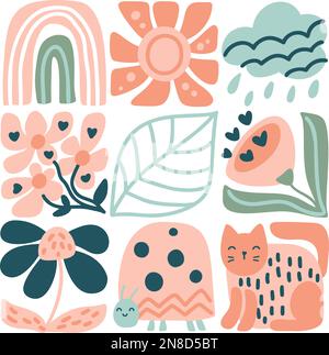 Vector Spring ethnisches Logo Kompositionsmuster aus Regenbogen, Sonne, Wolkenblatt, Katzenblume, Marienkäfer. Süßes Bo-Ho-Bild im handgezeichneten Konstruktor Stock Vektor