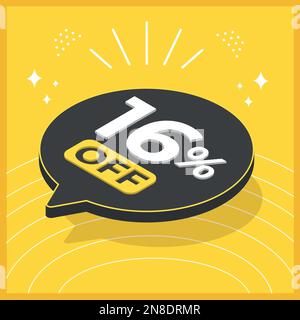 16 Prozent Rabatt. 3D schwimmender Ballon mit Verkaufsaktion auf gelbem Hintergrund Stock Vektor