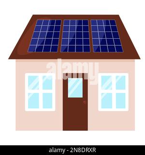Kleines Haus mit Solarbatterietafeln auf dem Dach, Konzept nachhaltiger alternativer Stromquellen, Vektordarstellung Stock Vektor