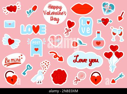 Set romantischer Vektorliebesaufkleber für tägliche Planer, Tagebücher oder Sammelalben. Sammlung niedlicher Objekte mit Liebeskonzept, Vektordarstellung Stock Vektor
