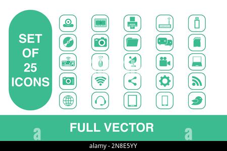 Satz von Technologiesymbolen. internet. Kommunikation. Marketing. Unterhaltung. Verbindung. Flach. vektor. Symbole mit abgerundetem Rahmen Stock Vektor