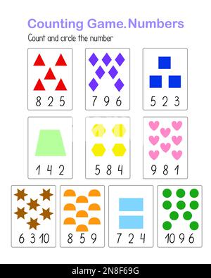 Wie viele Gegenstände findet und zählt Lernspiele für Kinder mit bunten geometrischen Formen, Vektorgrafiken und Lernrätseln, die zum Ausdrucken eines Puzzles geeignet sind Stock Vektor