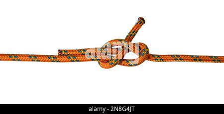 Banner- oder Biegeknoten, orangefarbenes Seil, weißer Hintergrund Stockfoto