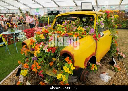 Auffällige Blumenausstellung mit Alstroemeria-Blumen im Auto aus rostgelbem Mini, Floral Marquee, RHS Hampton Court Palace Garden Festival, Großbritannien Stockfoto