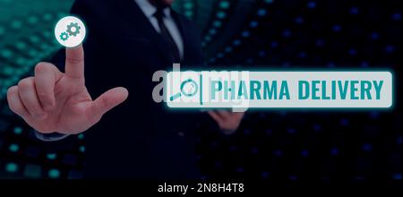 Schreiben mit Anzeige von Text Pharma Delivery. Ein Wort darüber, dass ich Ihnen Ihre Rezepte direkt von der Apotheke zuschicken lasse Stockfoto