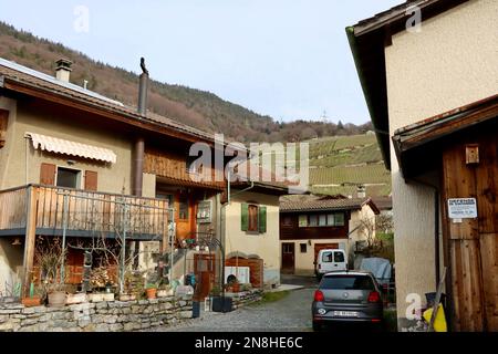 Alte Bauernhäuser mit Weinbergen im Hintergrund in Ollon, Schweiz Stockfoto