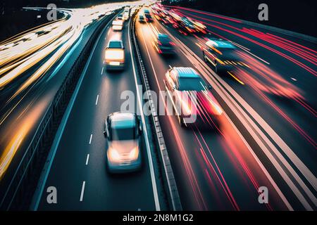 Fahrzeuge bei Sonnenuntergang, die sich schnell auf einer breiten Autobahn bewegen, lange Belichtung mit Lichterspuren