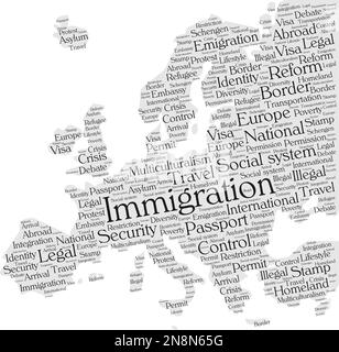 Immigration Wort Cloud Konzept in Form von Europa Silhouette Stock Vektor