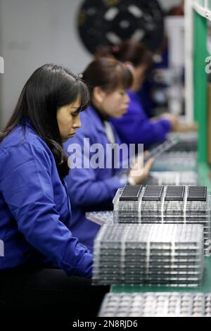 CHENZHOU, CHINA – 10. FEBRUAR 2023 – Arbeiter drängen in der Produktionswerkstatt von Yuanfeng Guangcai Technology Co., LTD., in t Stockfoto