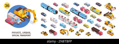 Isometrisches Transportset mit isolierten Symbolen von Autos, Lieferwagen, Lastwagen und Bussen mit Straßenbahnen und Bulldozern Stock Vektor