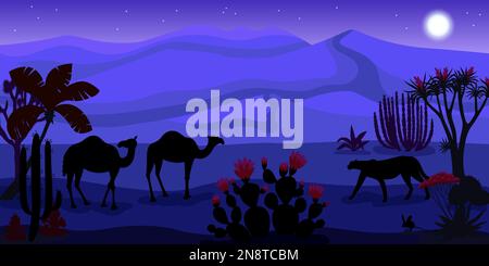 Mondschein-Nacht in Wüstenkomposition mit Kamelen- und Leopardensilhouetten in lila Dünen Hintergrund Flachvektordarstellung Stock Vektor